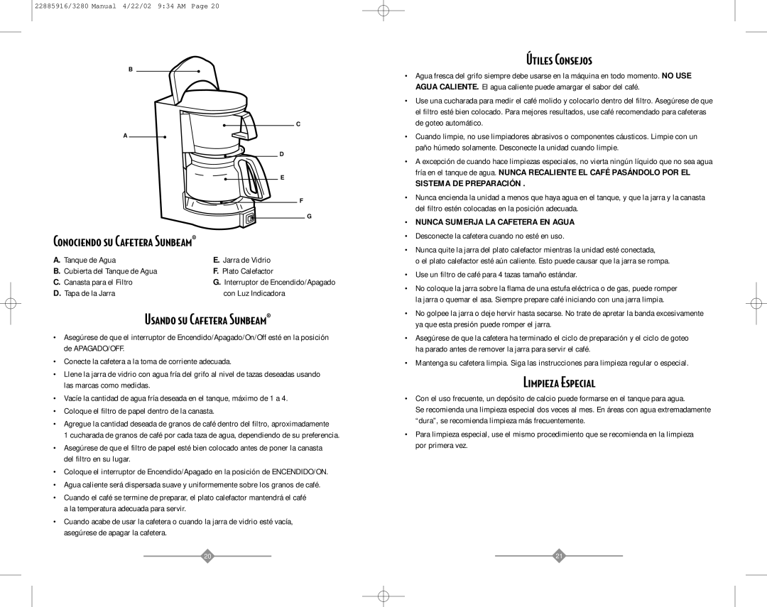 Sunbeam 3280 instruction manual Usando su Cafetera Sunbeam, Útiles Consejos, Limpieza Especial 