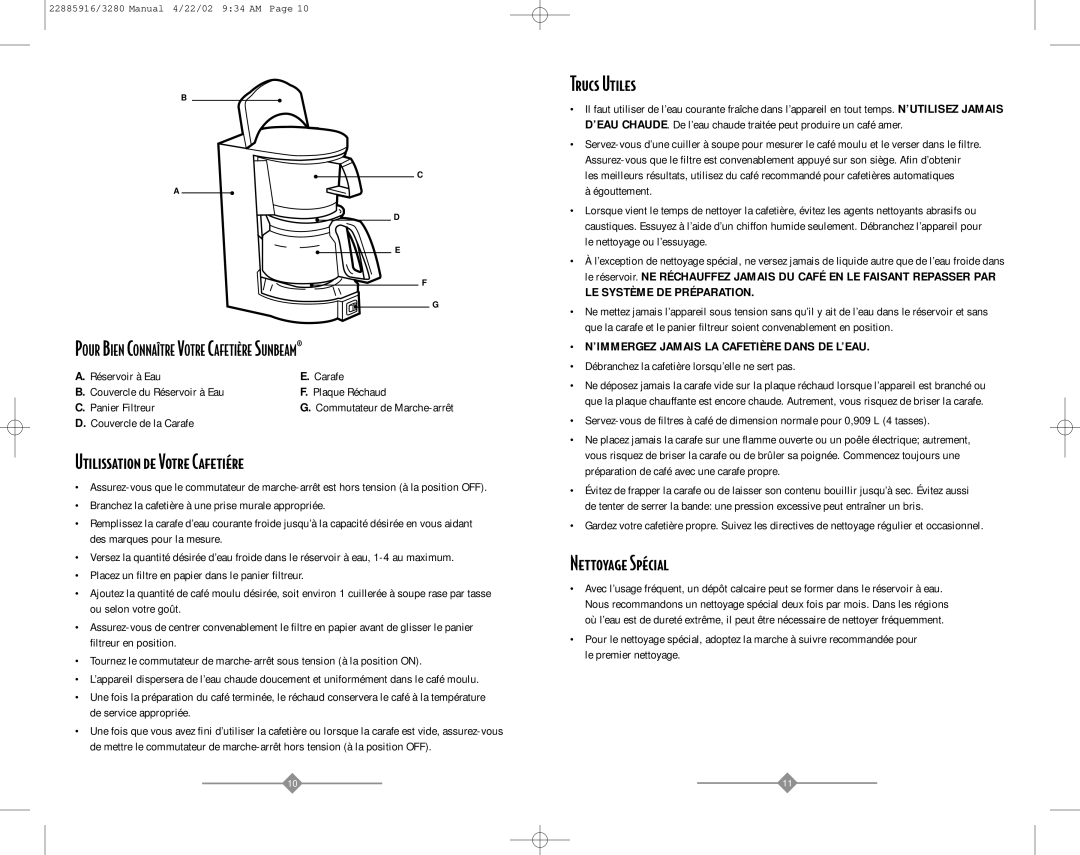 Sunbeam 3280 instruction manual Utilissation de Votre Cafetiére, Trucs Utiles, Nettoyage Spécial 