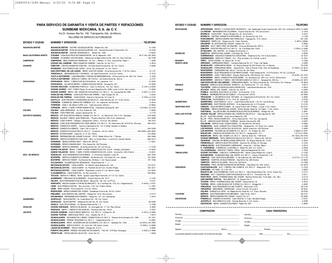 Sunbeam 3280 instruction manual Para Servicio DE Garantía Y Venta DE Partes Y Refacciones 