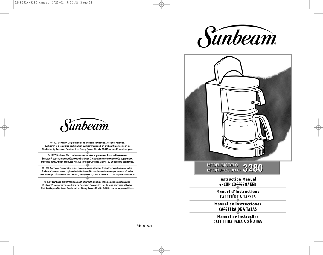Sunbeam instruction manual MODEL/MODELO/3280 MODÈLE/MODELO, CUP COFFEEMAKER Manuel d’Instructions 