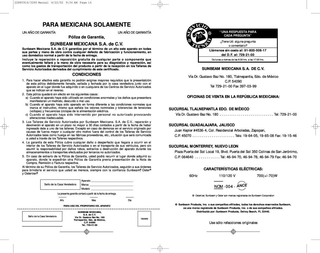 Sunbeam 3280 SUNBEAM MEXICANA S.A. de C.V, Sunbeam Mexicana S.A. De C.V, Oficinas De Venta En La República Mexicana, Nom 