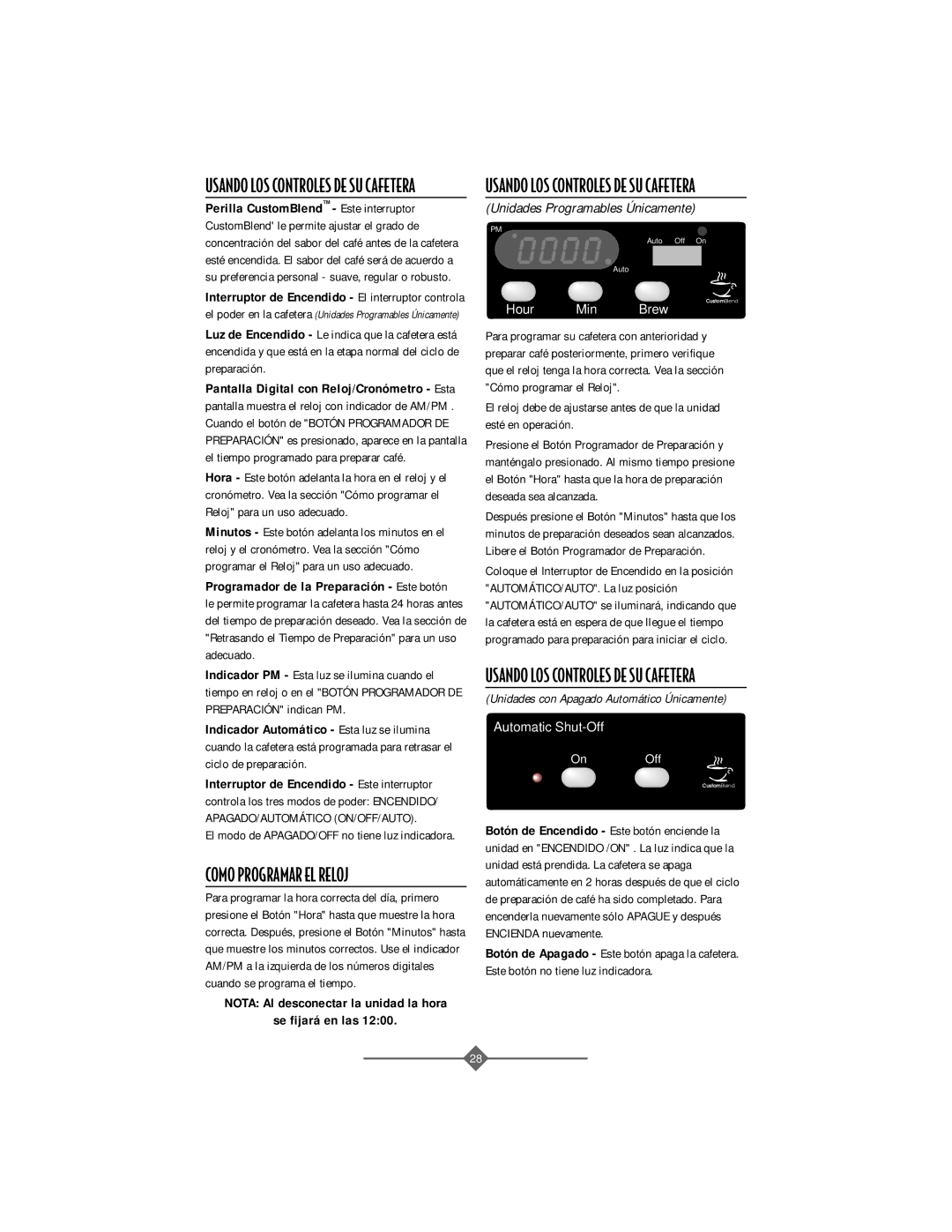 Sunbeam 32863281 instruction manual Como Programar EL Reloj, Usando LOS Controles DE SU Cafetera 