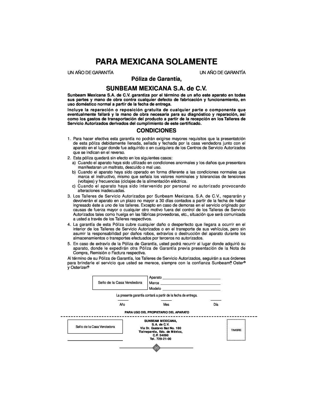 Sunbeam 32863281 instruction manual Para Mexicana Solamente, SUNBEAM MEXICANA S.A. de C.V, Póliza de Garantía, Condiciones 