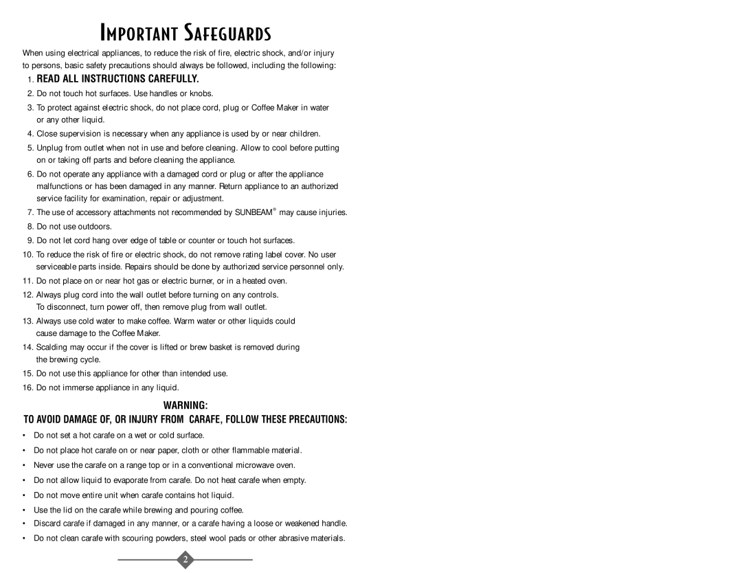 Sunbeam 3287, 3289 instruction manual Important Safeguards, Read ALL Instructions Carefully 