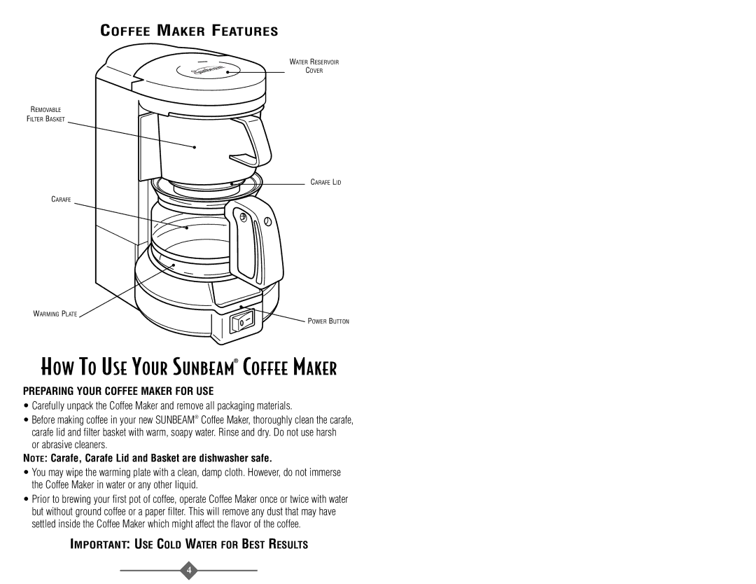 Sunbeam 3287, 3289 instruction manual Coffee Maker Features, Preparing Your Coffee Maker for USE 