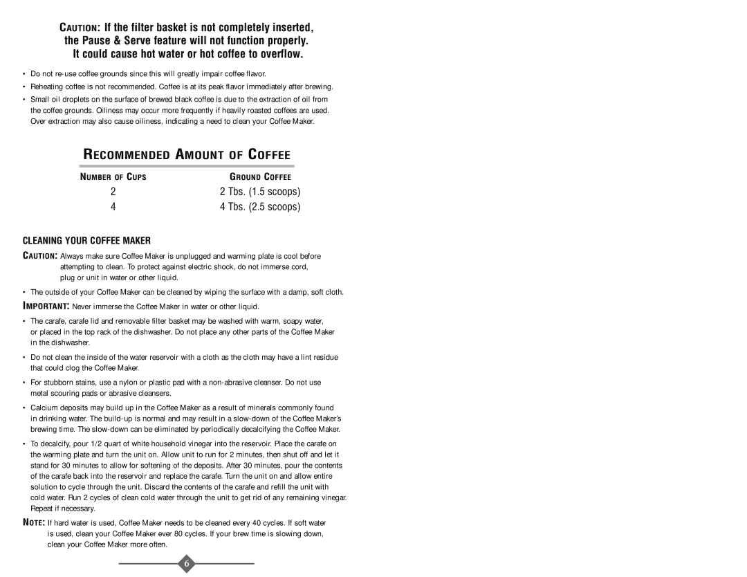 Sunbeam 3287, 3289 instruction manual It could cause hot water or hot coffee to overflow, Cleaning Your Coffee Maker 