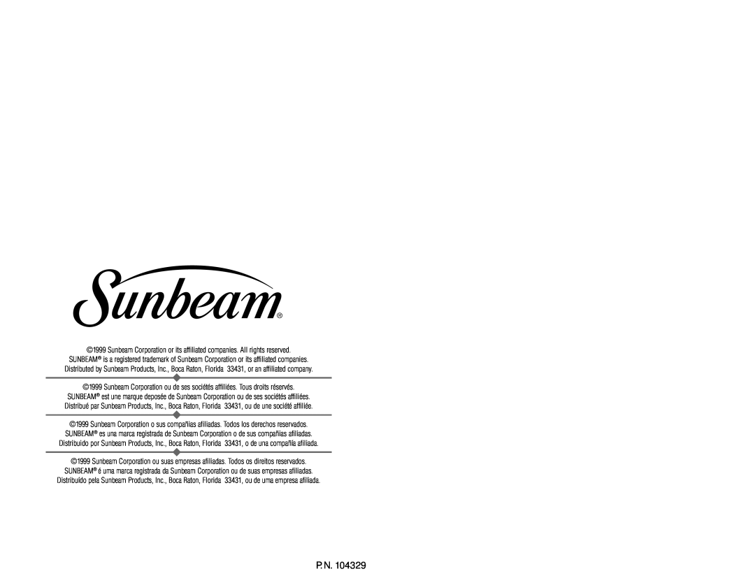 Sunbeam 3287, 3289 instruction manual P. N 