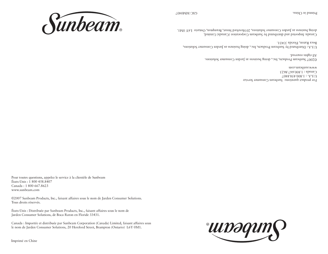 Sunbeam 3330-33 manual 