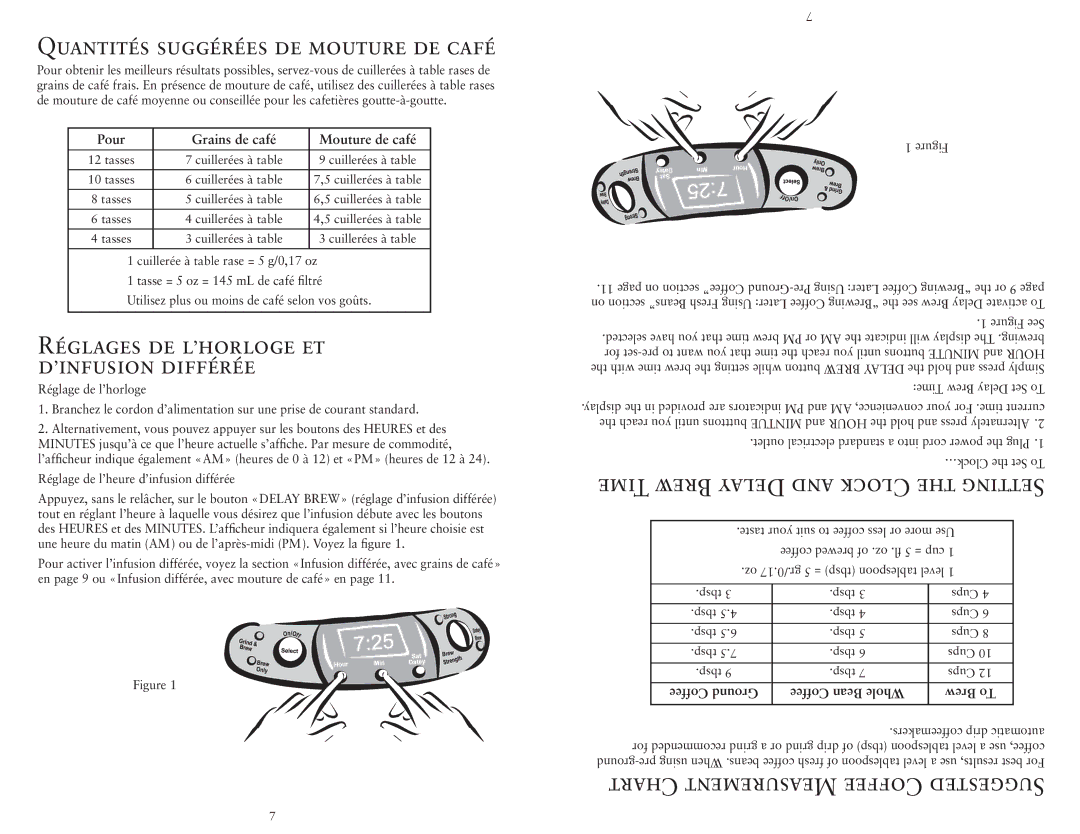 Sunbeam 3330-33 manual Quantités Suggérées DE Mouture DE Café, Réglages DE L’HORLOGE ET ’INFUSION Différée 