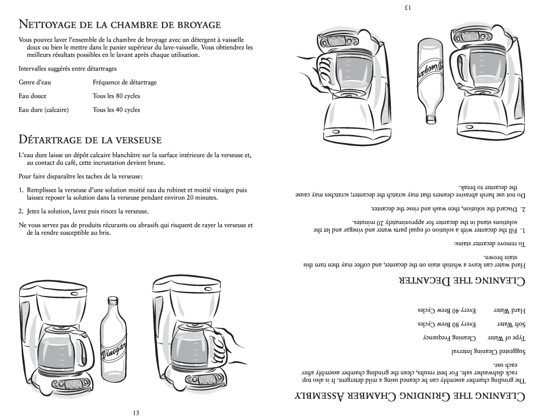 Sunbeam 3330-33 manual Decanter The Cleaning, Nettoyage De La Chambre De Broyage, Détartrage De La Verseuse 
