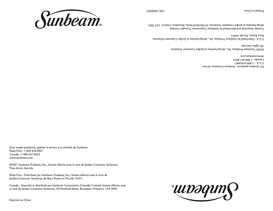 Sunbeam 3330-33 MM0407-GSC, China in Printed, Solutions, Consumer Jarden as business doing, Florida Raton, Boca, Canada 