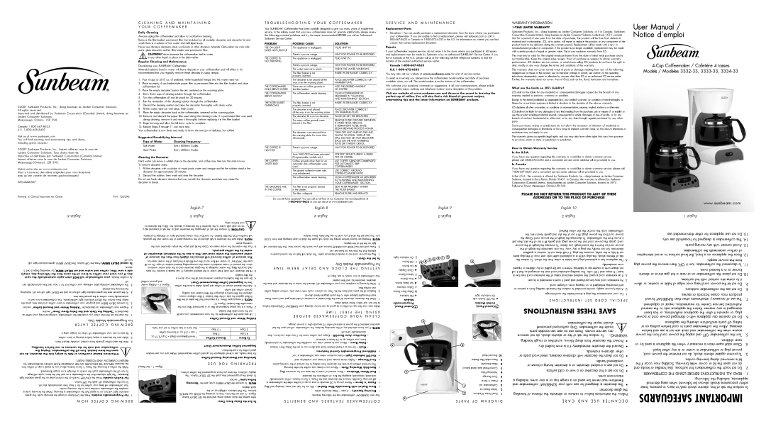 Sunbeam 3332-33, 3333-33, 3334-33 manual Safeguards Important 