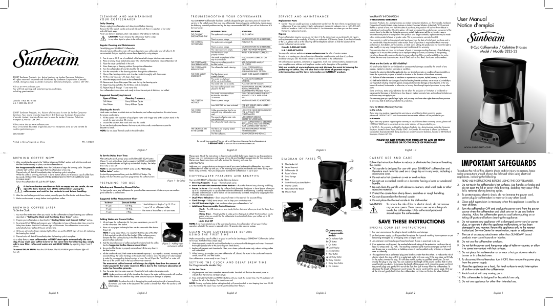 Sunbeam 3335-33 user manual Troubleshooting Y O U R C O F F E E M a K E R, R V I C E a N D M a I N T E N a N C E 