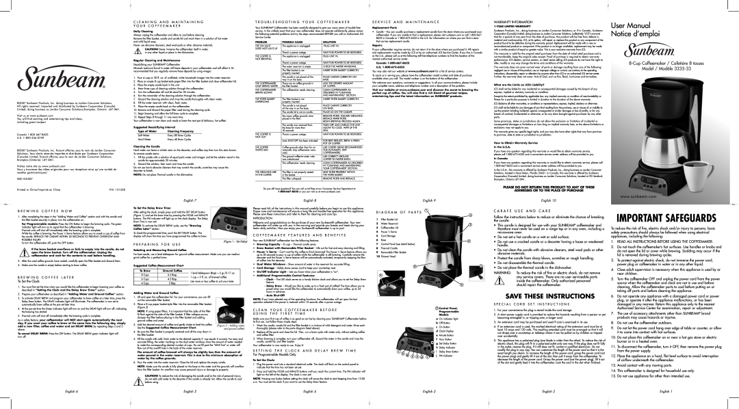Sunbeam 3335-33 user manual Save These Instructions, Important Safeguards, CupCoffeemaker / Cafetière 8 tasses 