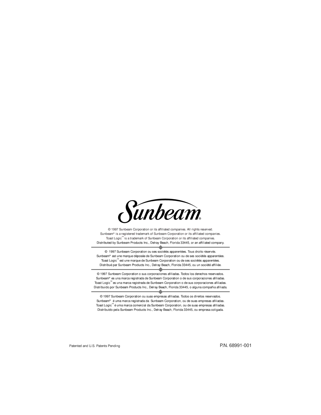 Sunbeam 3806 instruction manual Patented and U.S. Patents Pending 