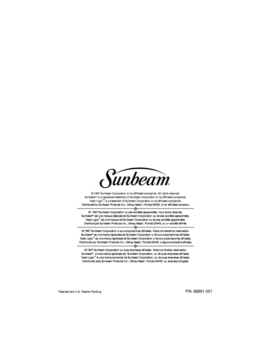 Sunbeam 3806 instruction manual Patented and U.S. Patents Pending 