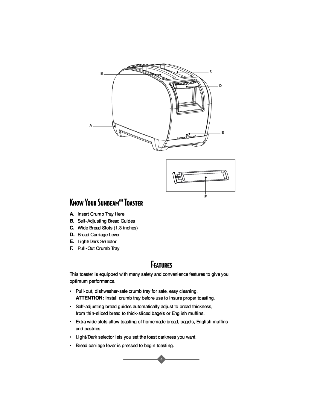 Sunbeam 3806 instruction manual Features, Know Your Sunbeam¨ Toaster 