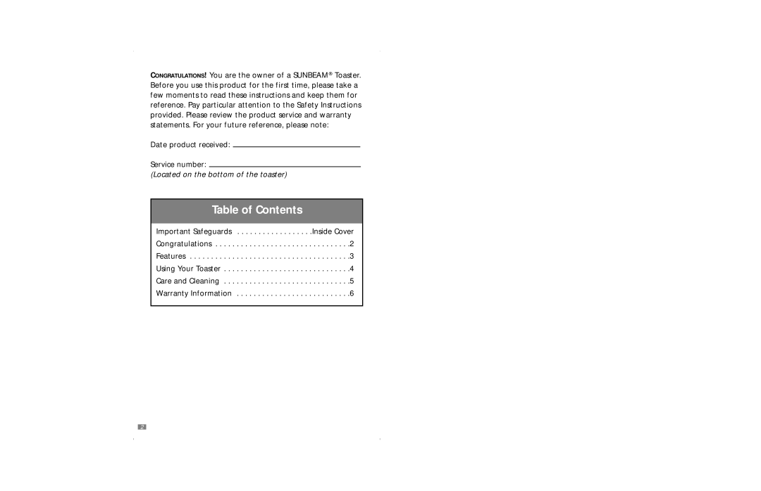 Sunbeam 3837 user manual Table of Contents 