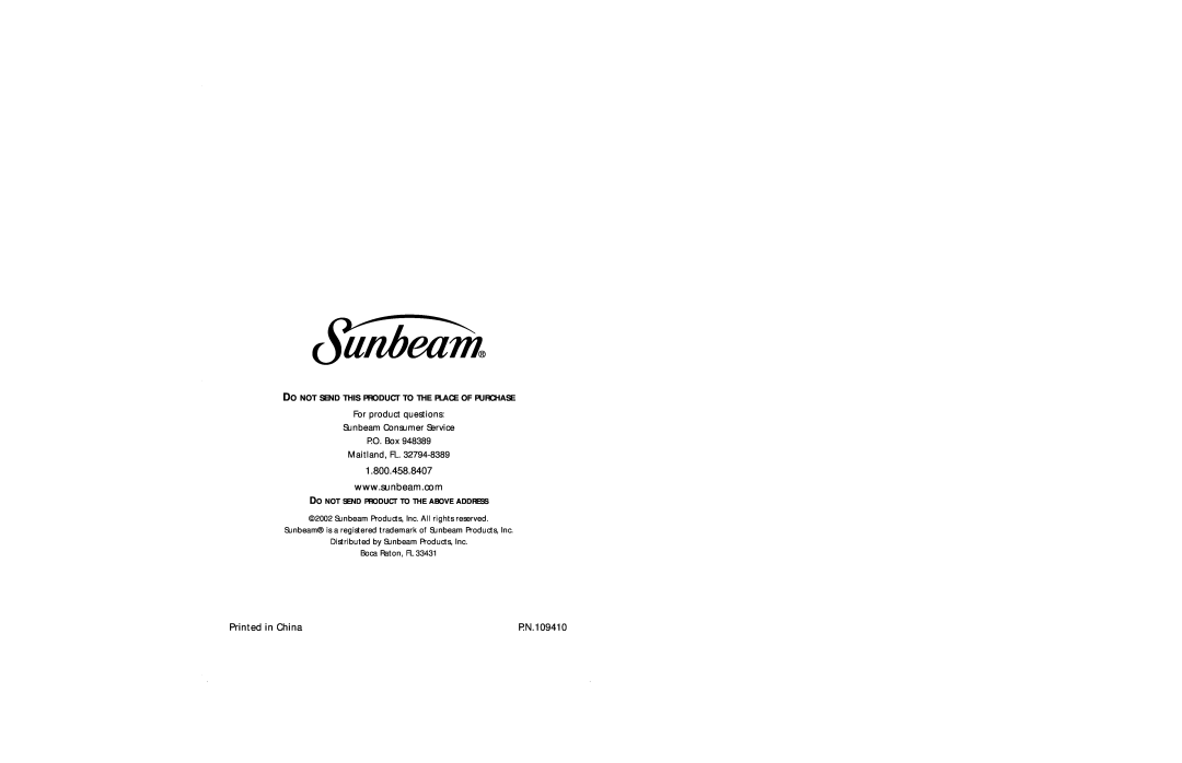 Sunbeam 3837 user manual 1.800.458.8407, For product questions Sunbeam Consumer Service P.O. Box Maitland, FL, P.N.109410 