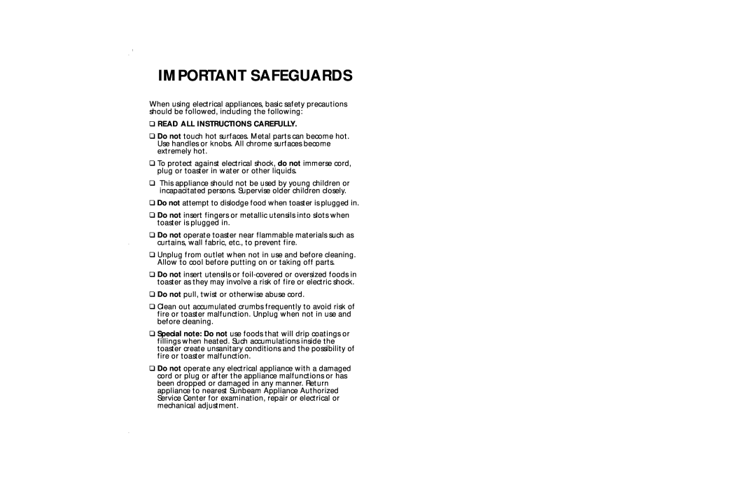 Sunbeam 3837 user manual Important Safeguards, Read All Instructions Carefully 