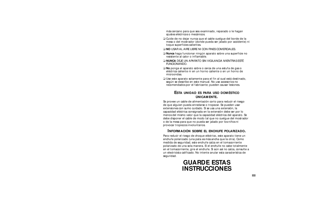 Sunbeam 3838 user manual Esta Unidad ES Para USO Doméstico Únicamente, Información Sobre EL Enchufe Polarizado 