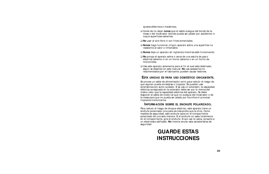 Sunbeam 3840 user manual Información Sobre EL Enchufe Polarizado, Esta Unidad ES Para USO Doméstico Únicamente 