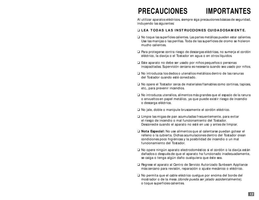 Sunbeam 3842 user manual Precauciones Importantes 