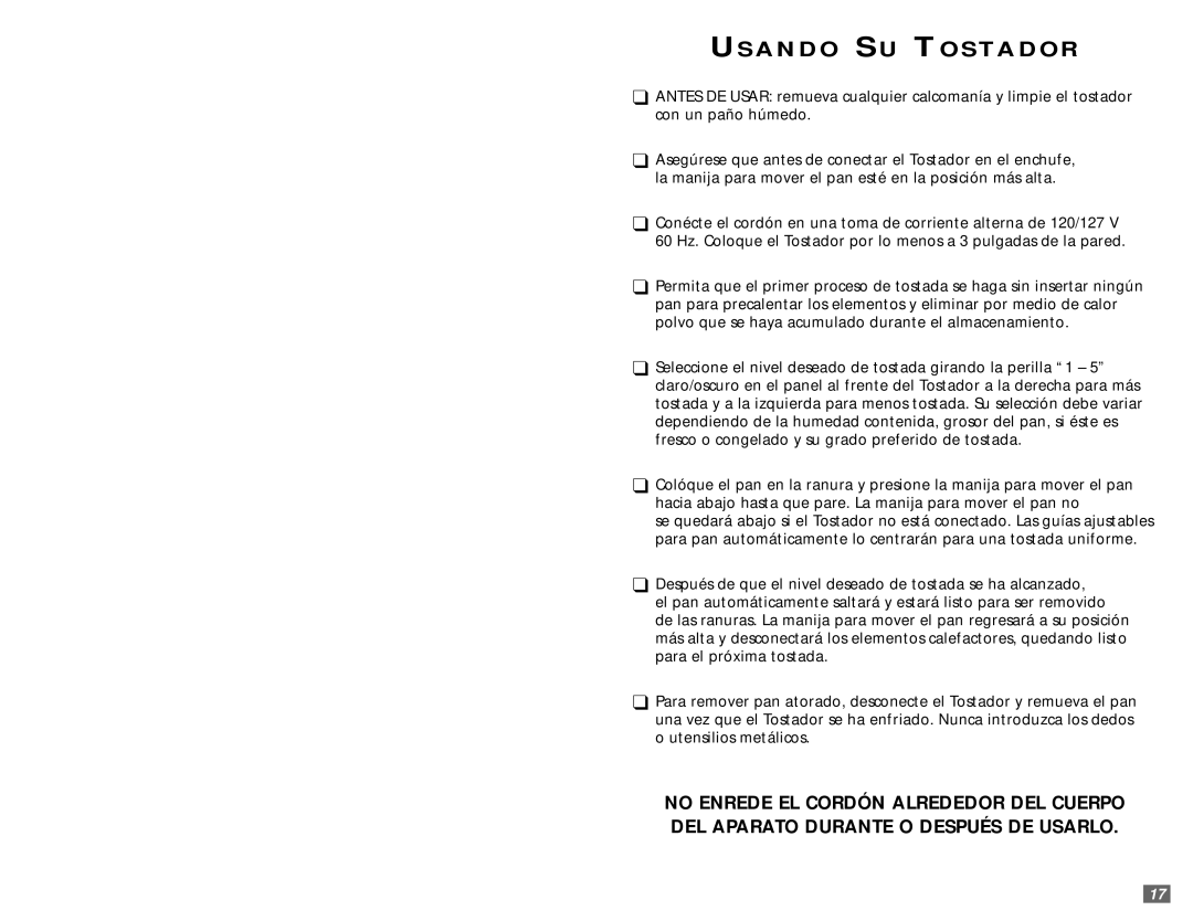 Sunbeam 3842 user manual Usando SU Tostador 