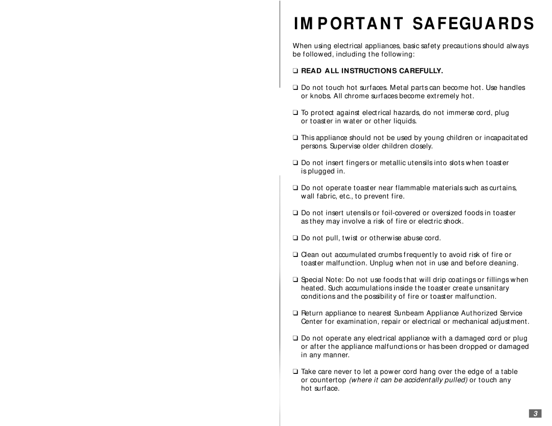 Sunbeam 3842 user manual Important Safeguards 