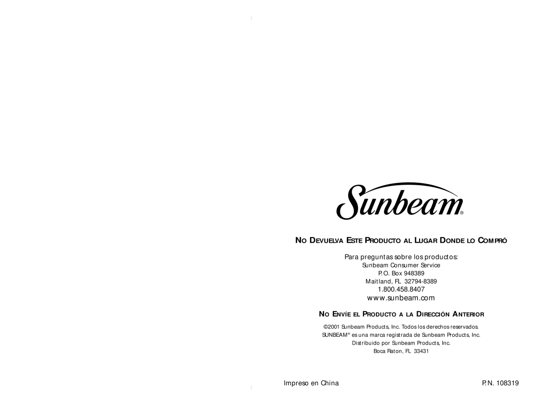 Sunbeam 3842 user manual No Devuelva Este Producto AL Lugar Donde LO Compró 