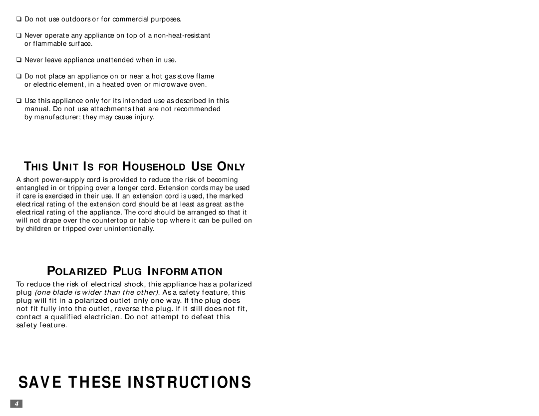 Sunbeam 3842 user manual Polarized Plug Information, This Unit is for Household USE only 