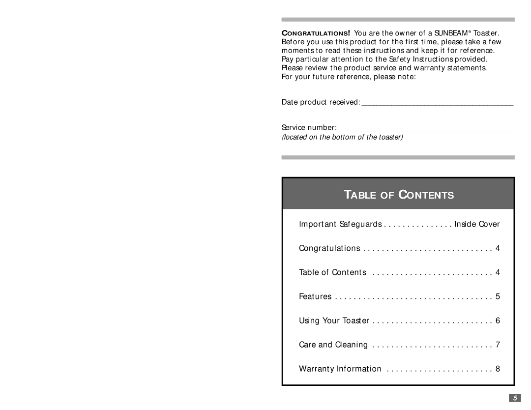 Sunbeam 3842 user manual Table of Contents 