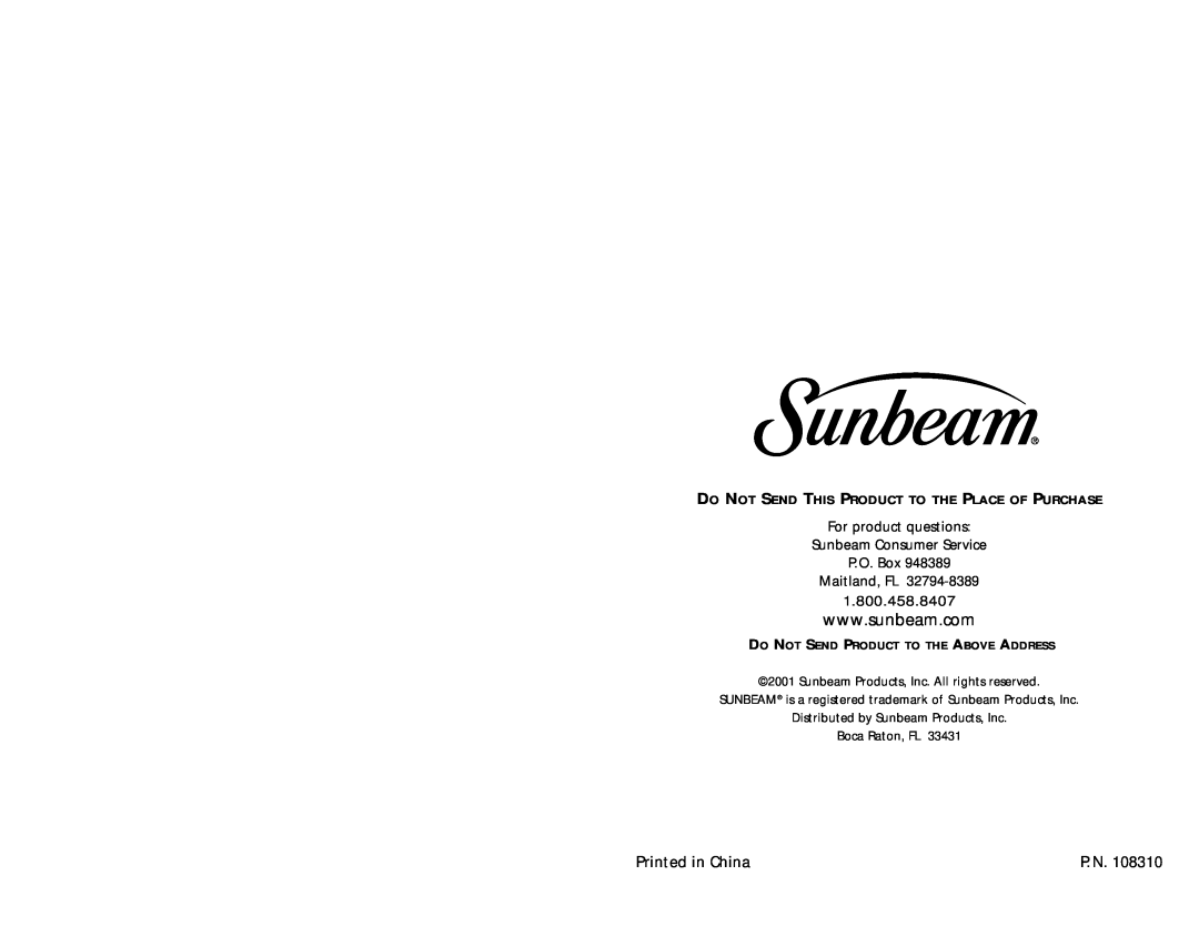 Sunbeam 3842 1.800.458.8407, Do Not Send This Product To The Place Of Purchase, Sunbeam Products, Inc. All rights reserved 