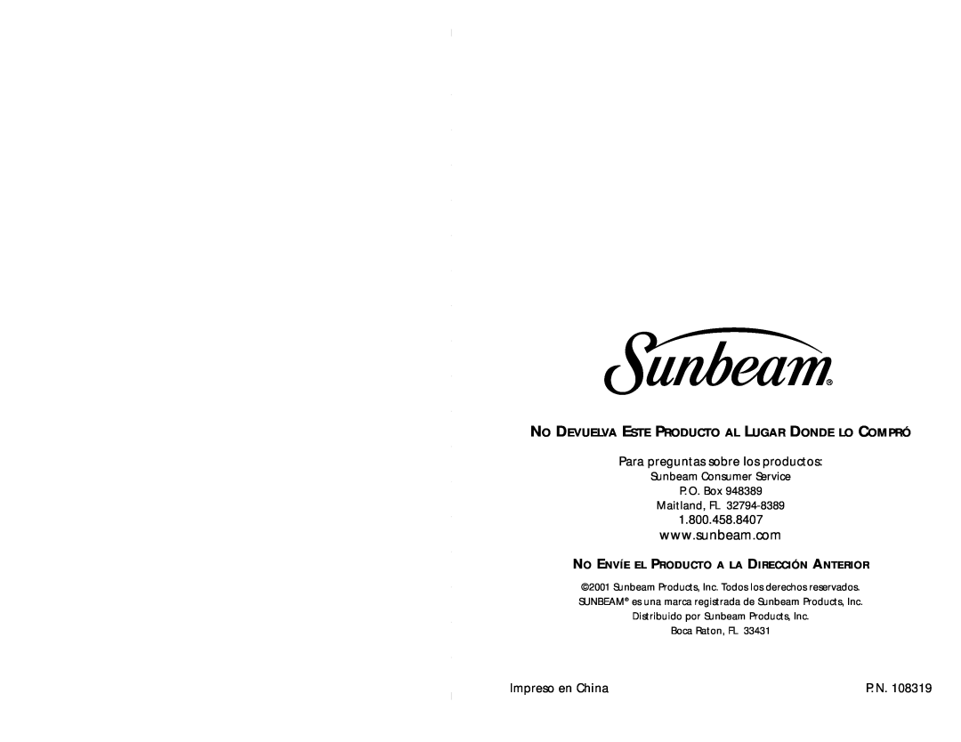 Sunbeam 3842 Para preguntas sobre los productos, 1.800.458.8407, Impreso en China, Distribuido por Sunbeam Products, Inc 