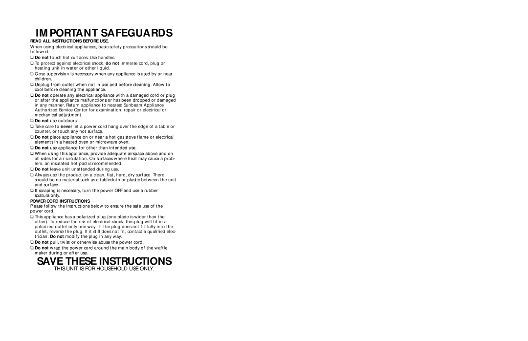 Sunbeam 3852 user manual Important Safeguards 