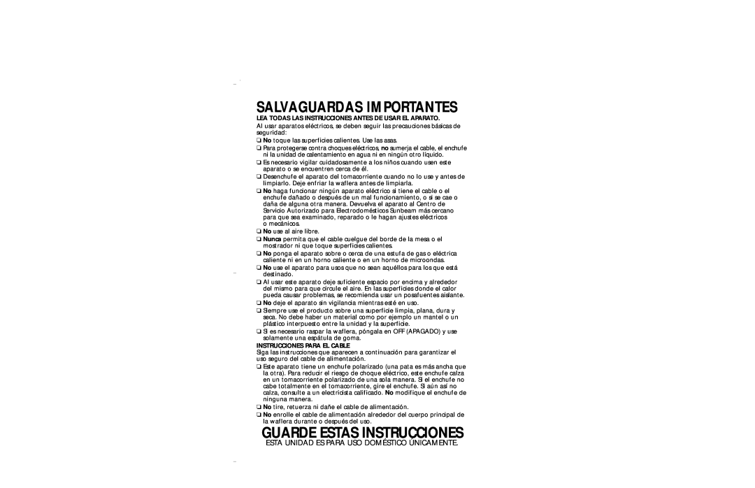 Sunbeam 3852 user manual Guarde Estas Instrucciones, Salvaguardas Importantes, Instrucciones Para El Cable 