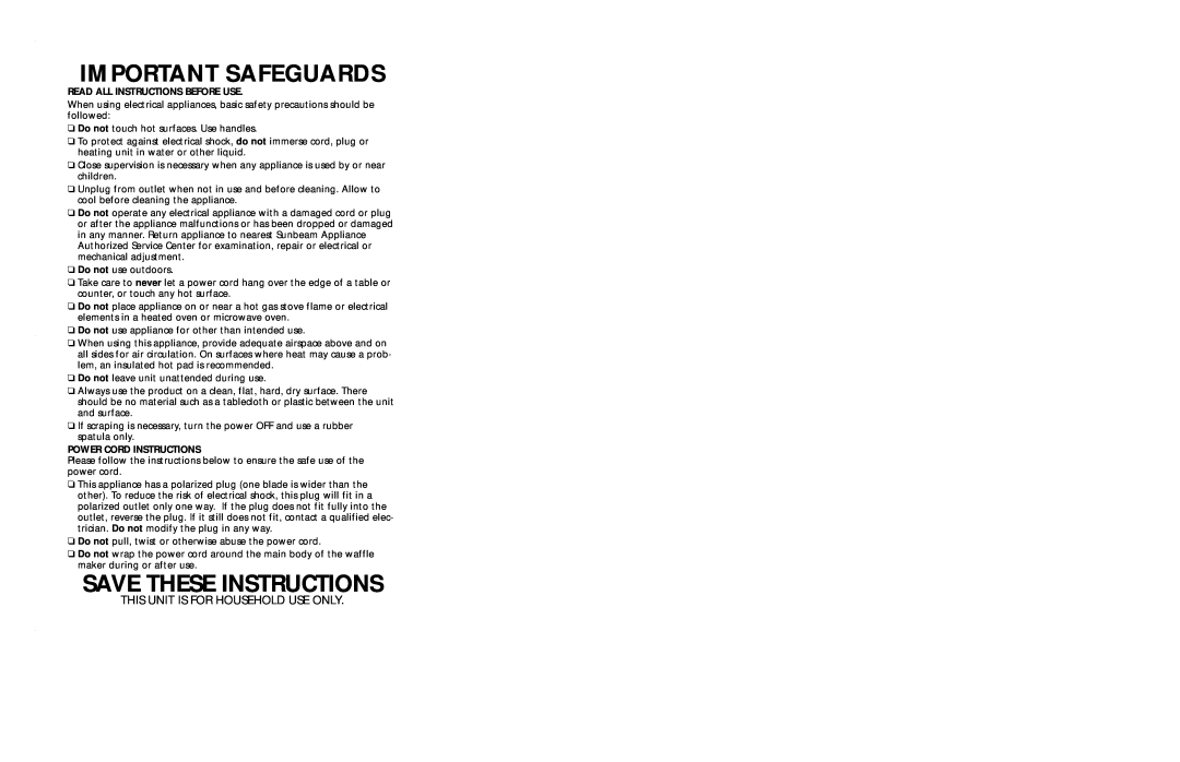Sunbeam 3852 Important Safeguards, Save These Instructions, This Unit Is For Household Use Only, Power Cord Instructions 