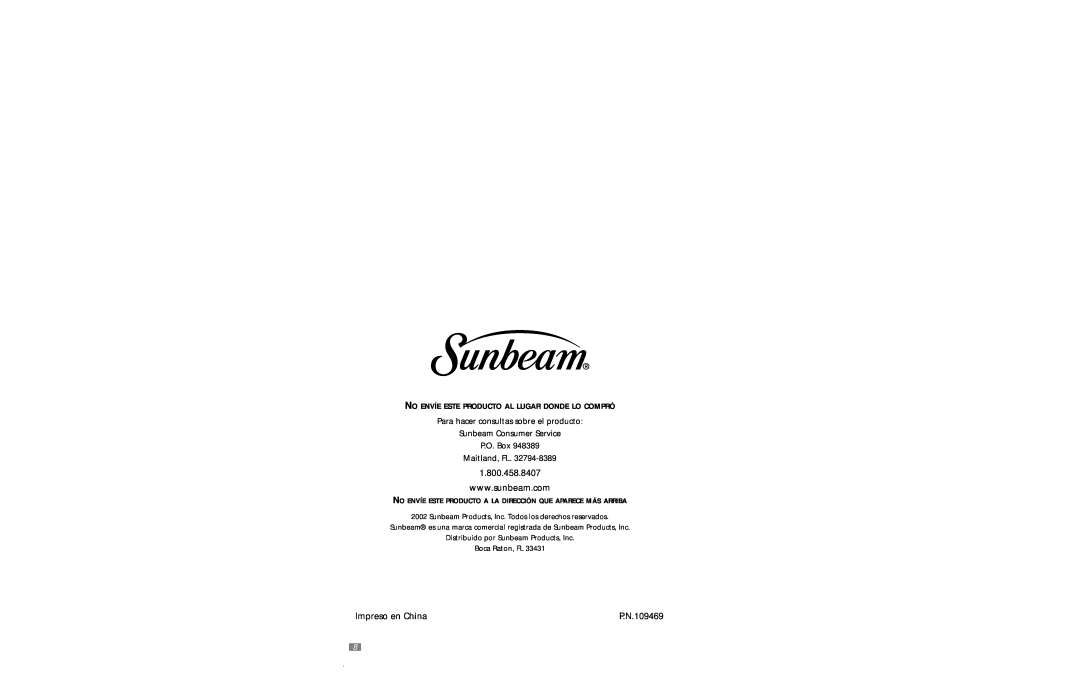 Sunbeam 3852 user manual Para hacer consultas sobre el producto, Sunbeam Consumer Service P.O. Box Maitland, FL, P.N.109469 