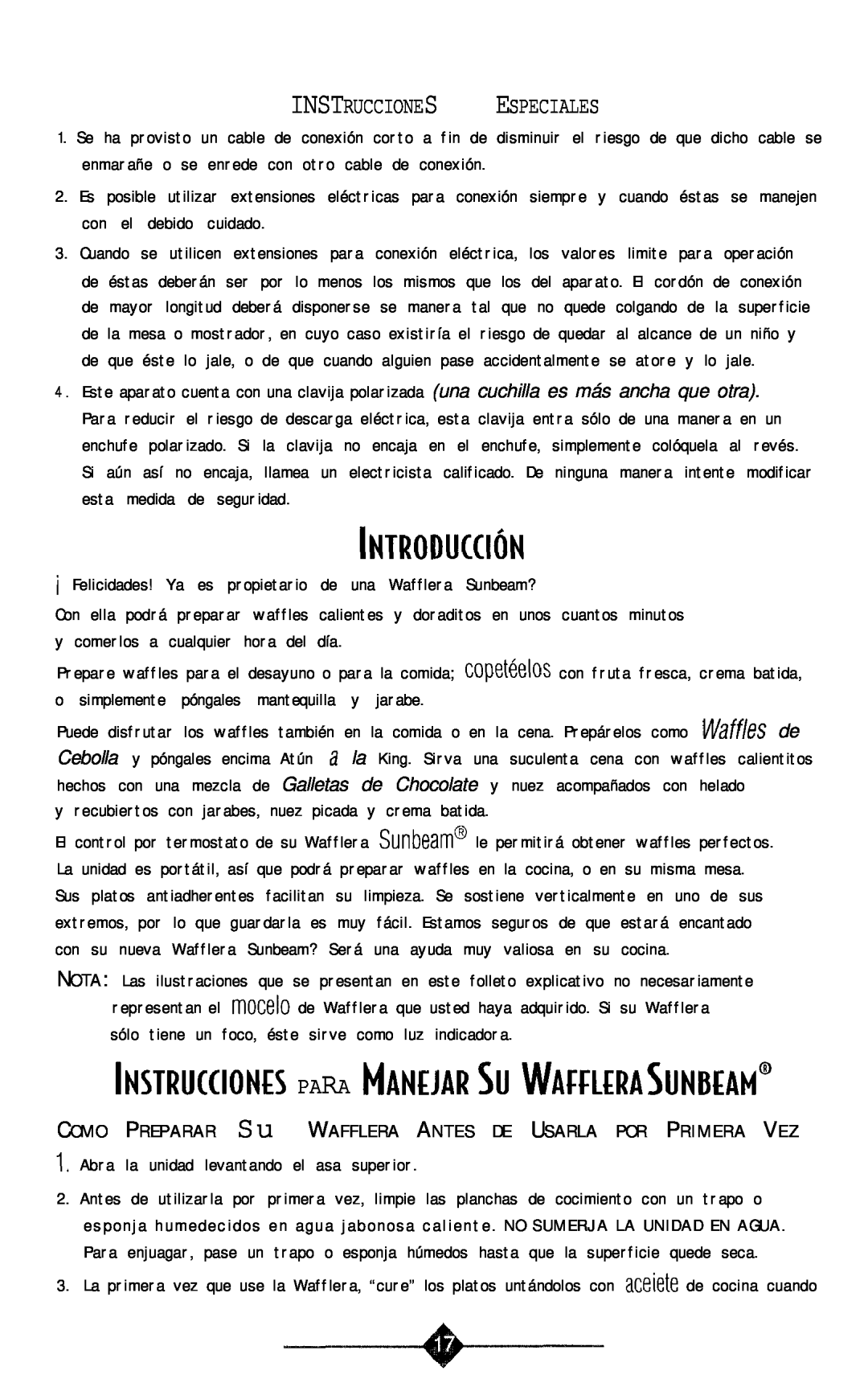 Sunbeam 3856-1 instruction manual INSTRUCCIONES PARA MANEJARSU WAffm SUNBEAM@, Introducción, Instrucciones Especiales 