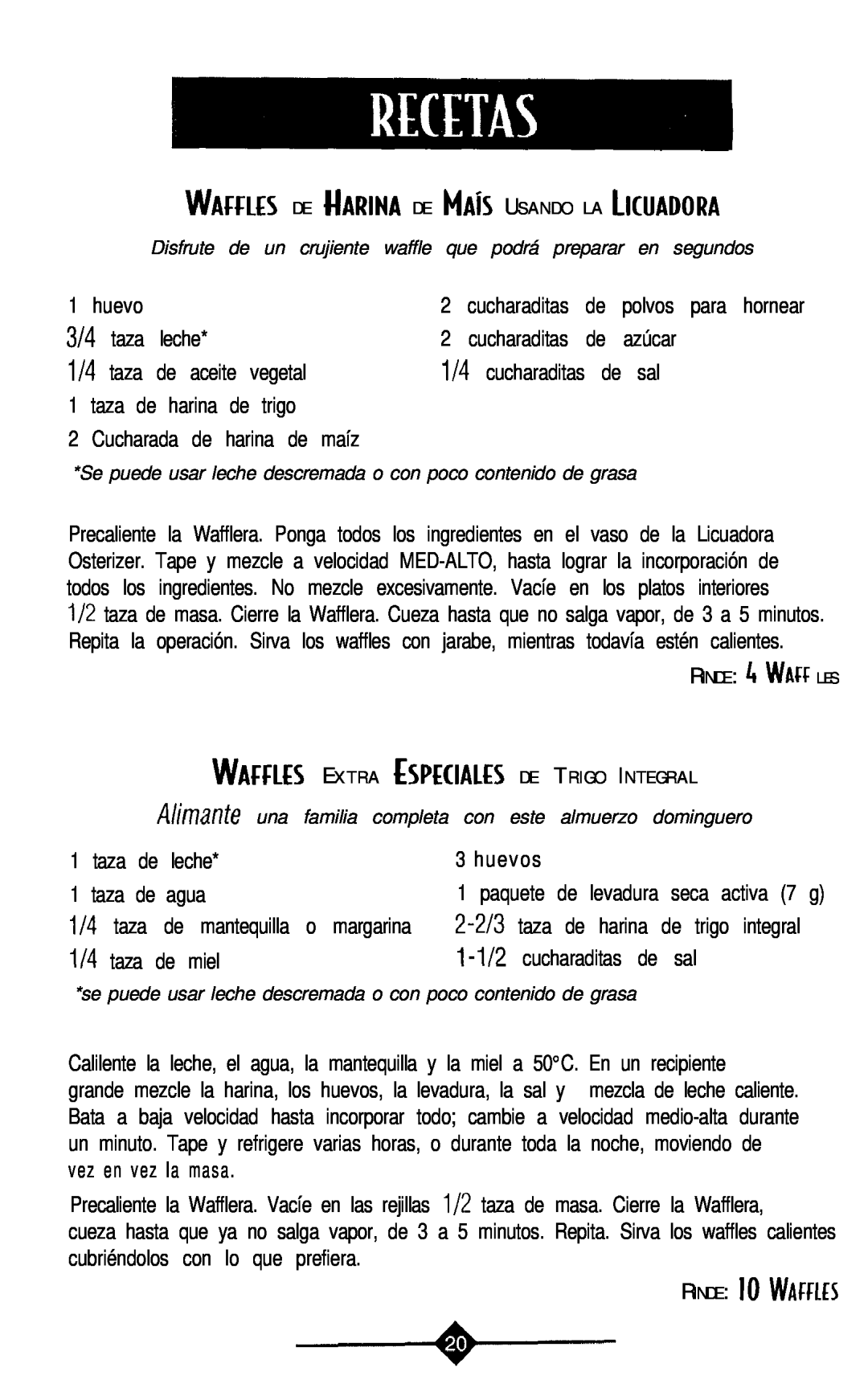 Sunbeam 3856-1 instruction manual WAffLfs, WAffus DE UARINA DE MAís USANDO LA LICOAD~RA 