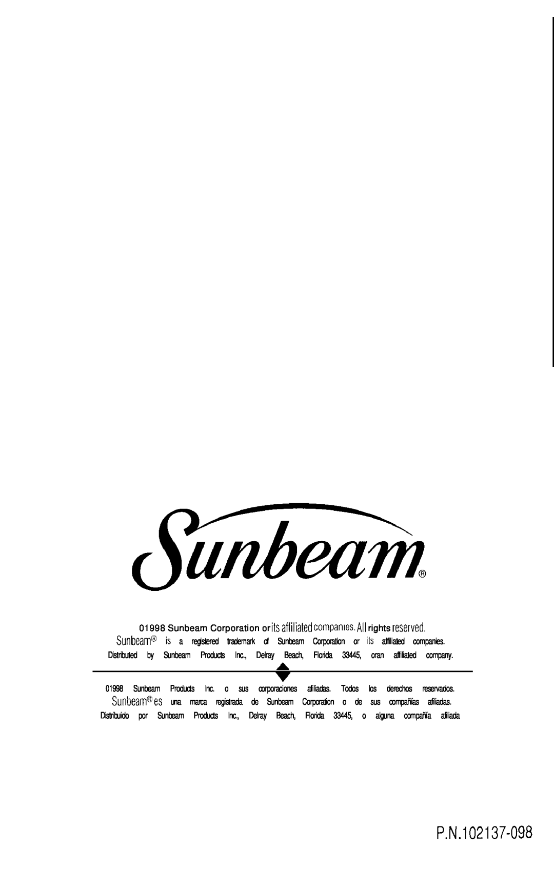 Sunbeam 3856-1 instruction manual P.N.102137-098, All rights reserved, is a 