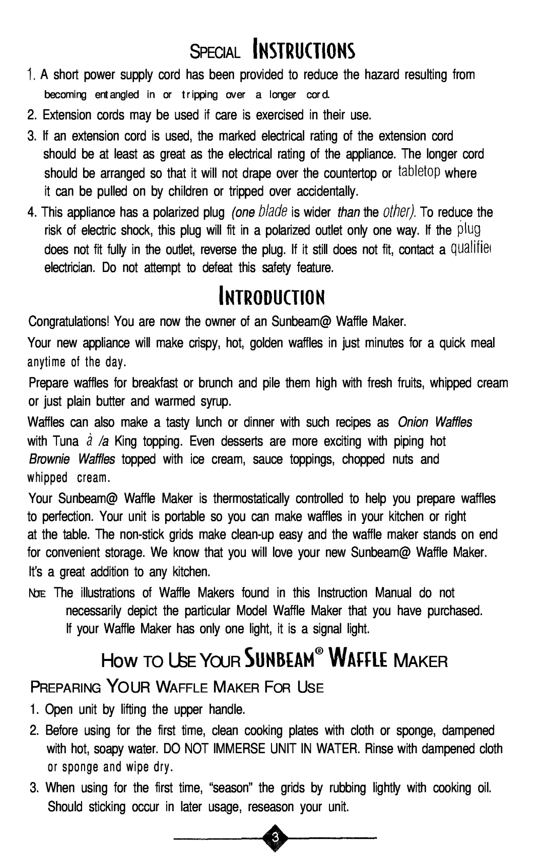 Sunbeam 3856-1 instruction manual Special Instructions, Introduction, How TO USE YOUR SUNBEAM@ WAffLE MAKER 