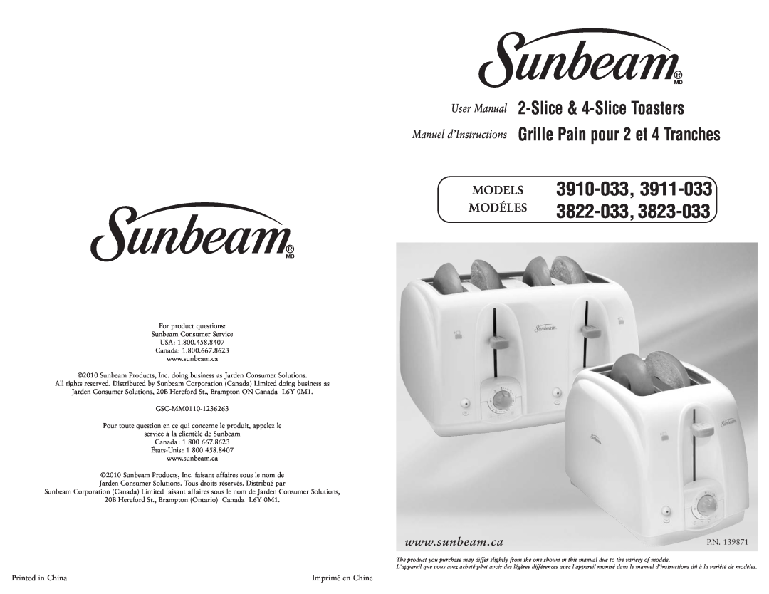 Sunbeam 3910-033, 3911-033, 3823-033 user manual Slice & 4-Slice Toasters, Grille Pain pour 2 et 4 Tranches, Models Modéles 