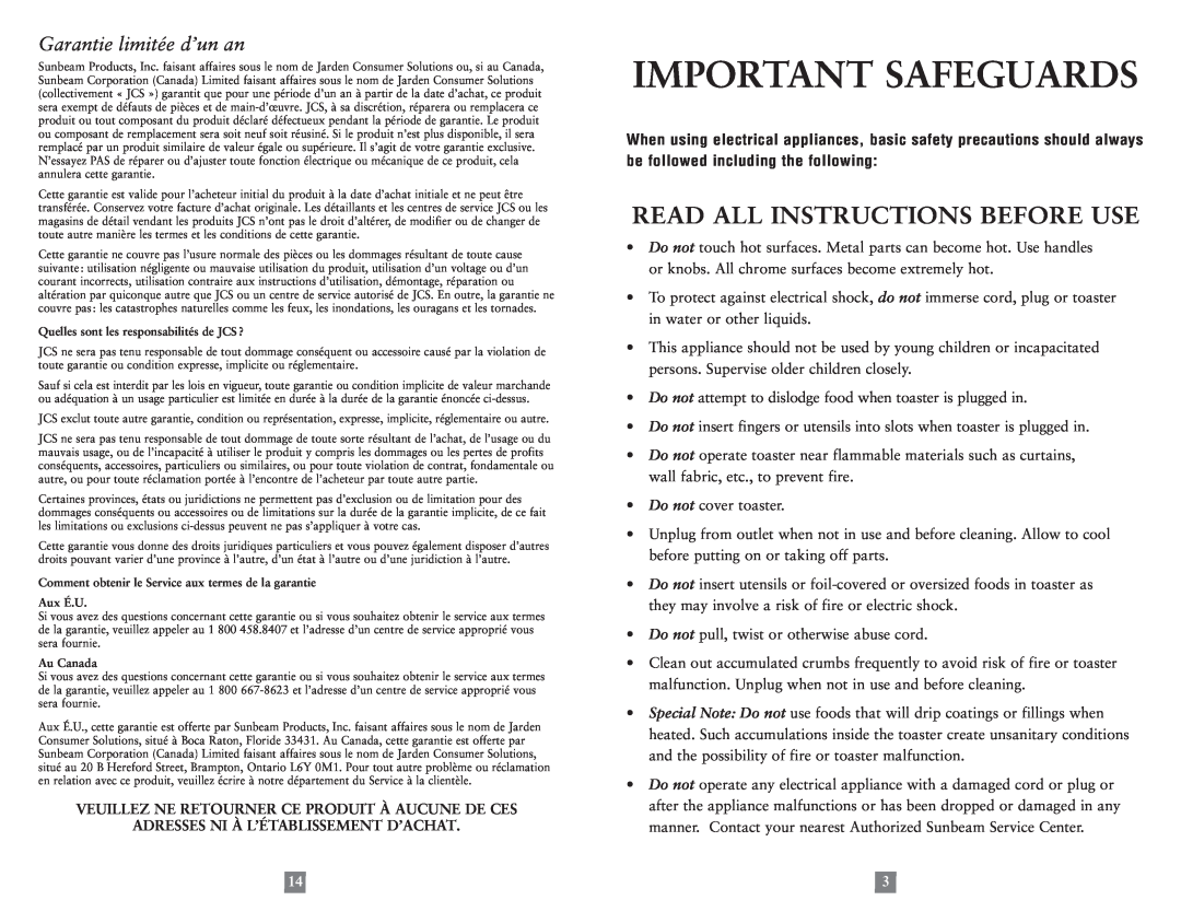 Sunbeam 3823-033, 3911-033, 3910-033 Important Safeguards, Read All Instructions Before Use, Garantie limitée d’un an 
