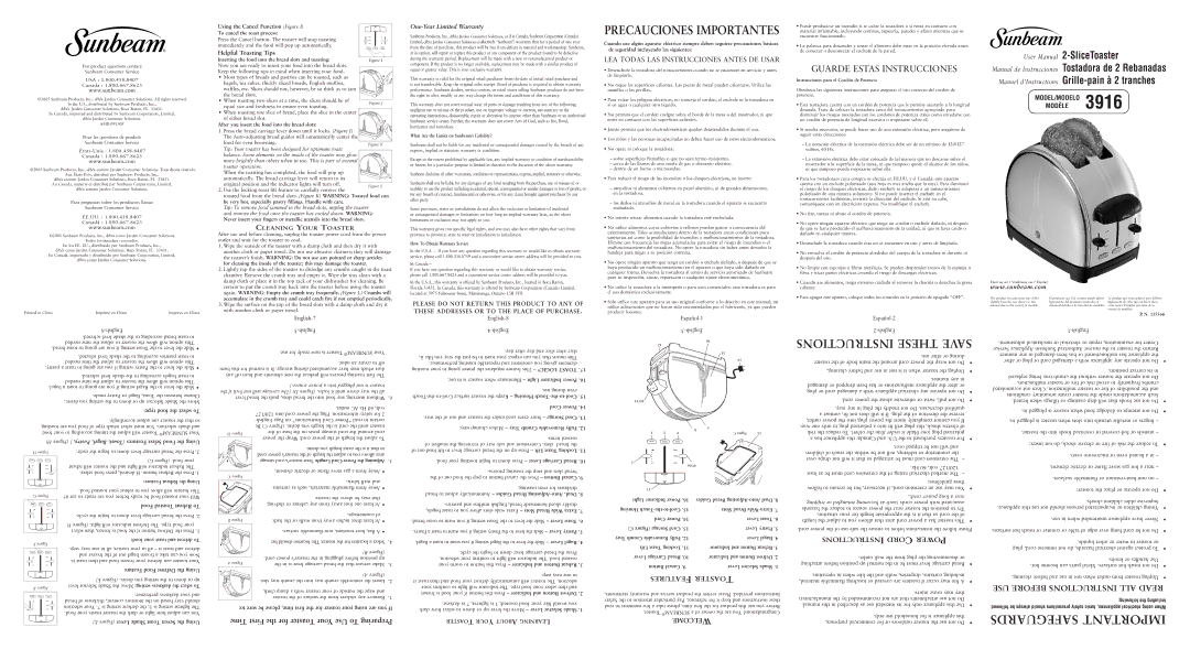 Sunbeam 3916 user manual English-7, English-8 4-English, Español-1 English, Español-2 English 