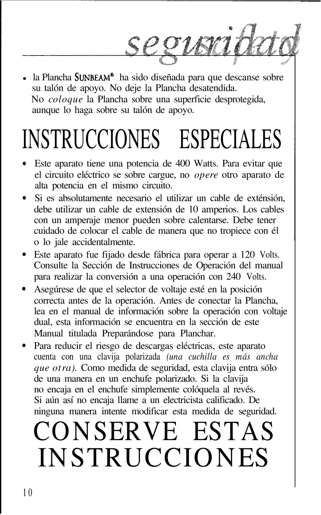 Sunbeam 3932 manual Conserve Estas Instrucciones 