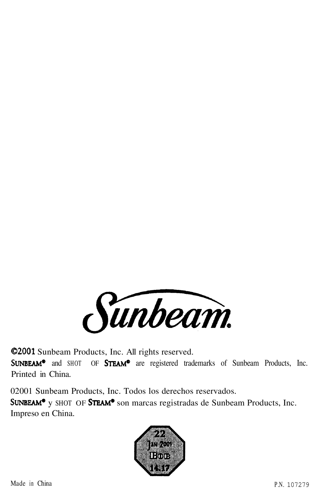 Sunbeam 3932 manual Made in China 