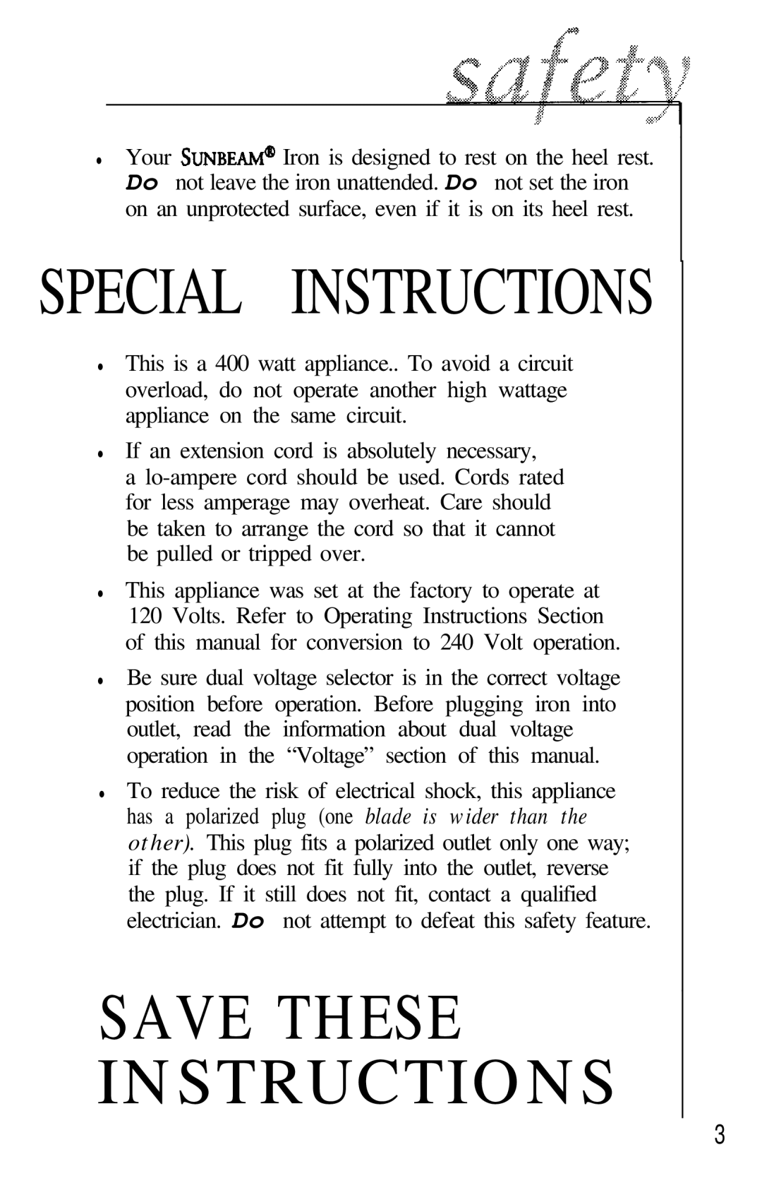 Sunbeam 3932 manual Special Instructions 