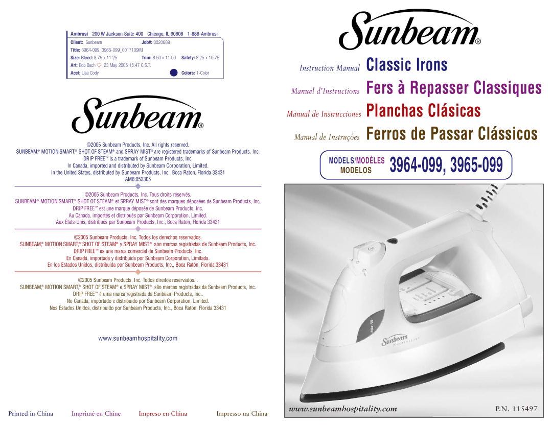 Sunbeam 3965-099, 3964-099 instruction manual Manuel d’Instructions Fers à Repasser Classiques 