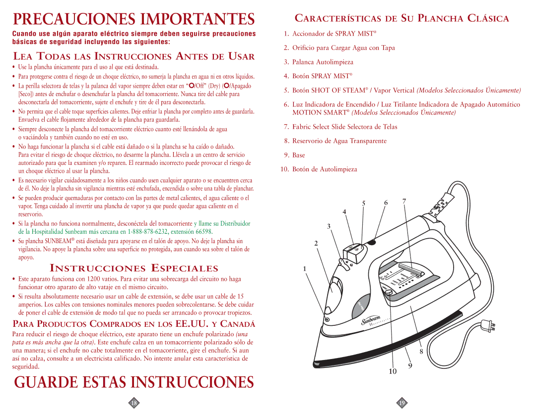 Sunbeam 3964-099, 3965-099 instruction manual Precauciones Importantes 